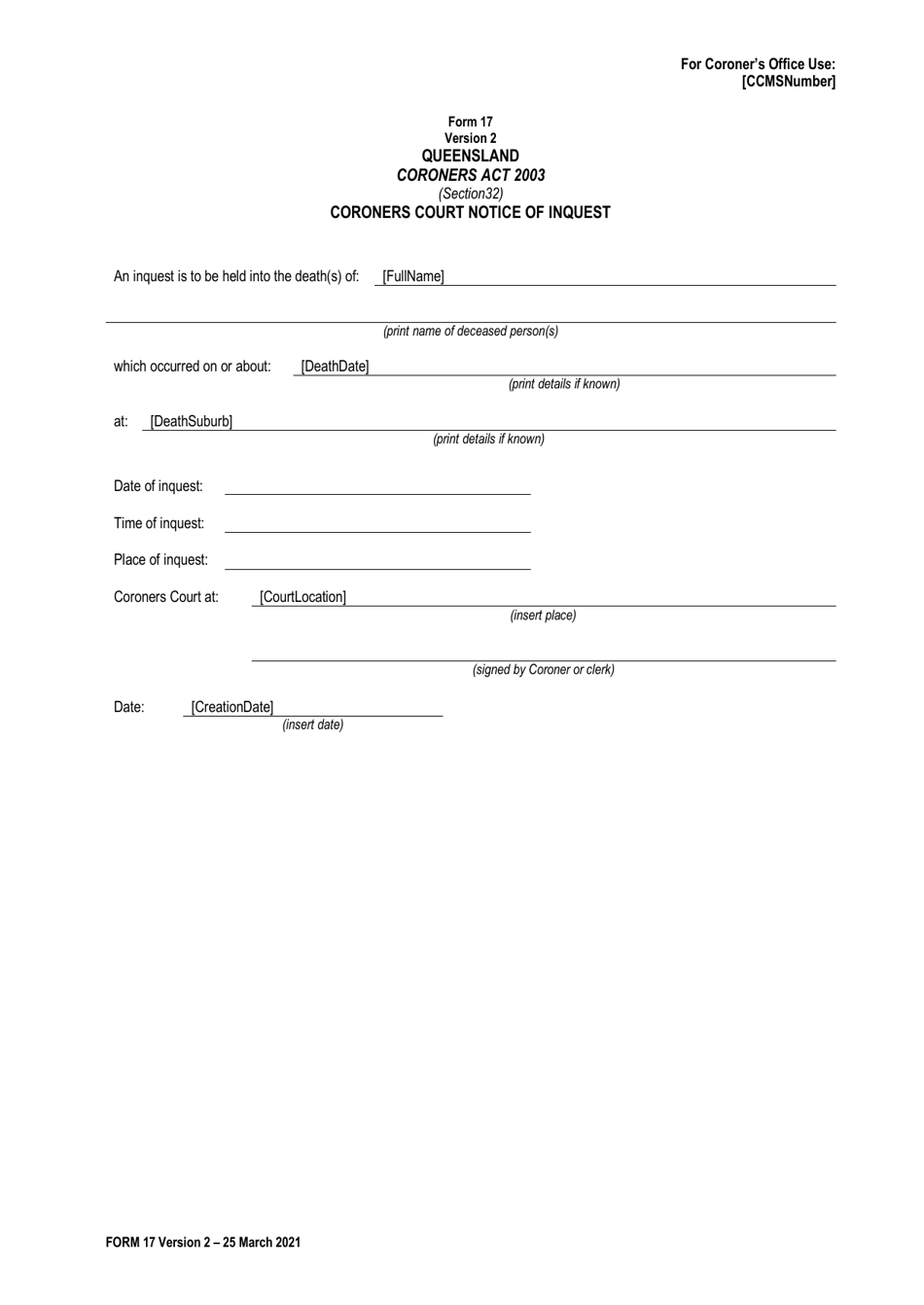 Form 17 Coroners Court Notice of Inquest - Queensland, Australia, Page 1