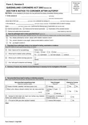 Document preview: Form 3 Doctor's Notice to Coroner After Autopsy - Queensland, Australia