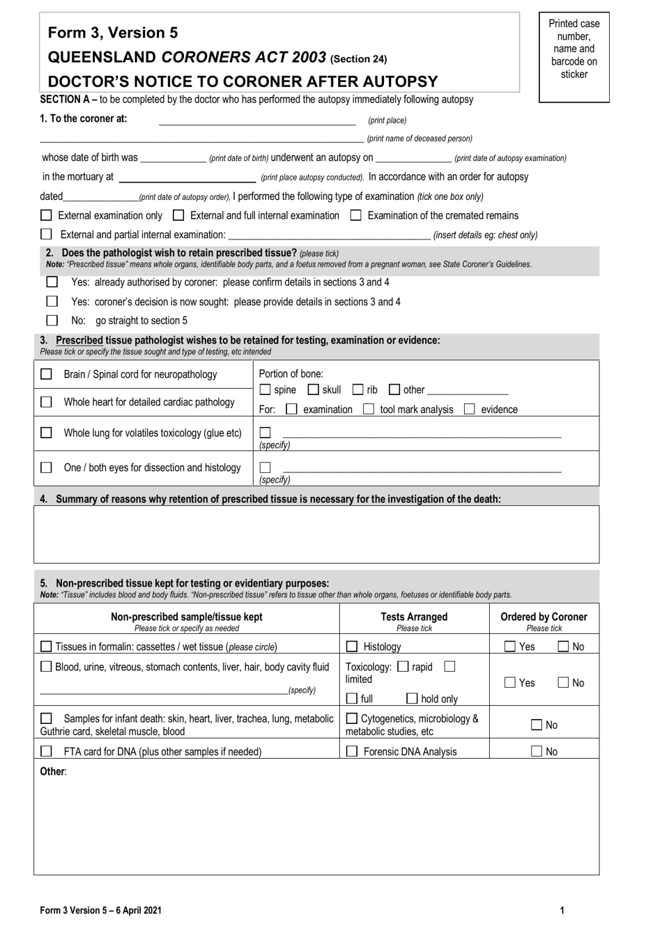 Form 3 Doctors Notice to Coroner After Autopsy - Queensland, Australia, Page 1
