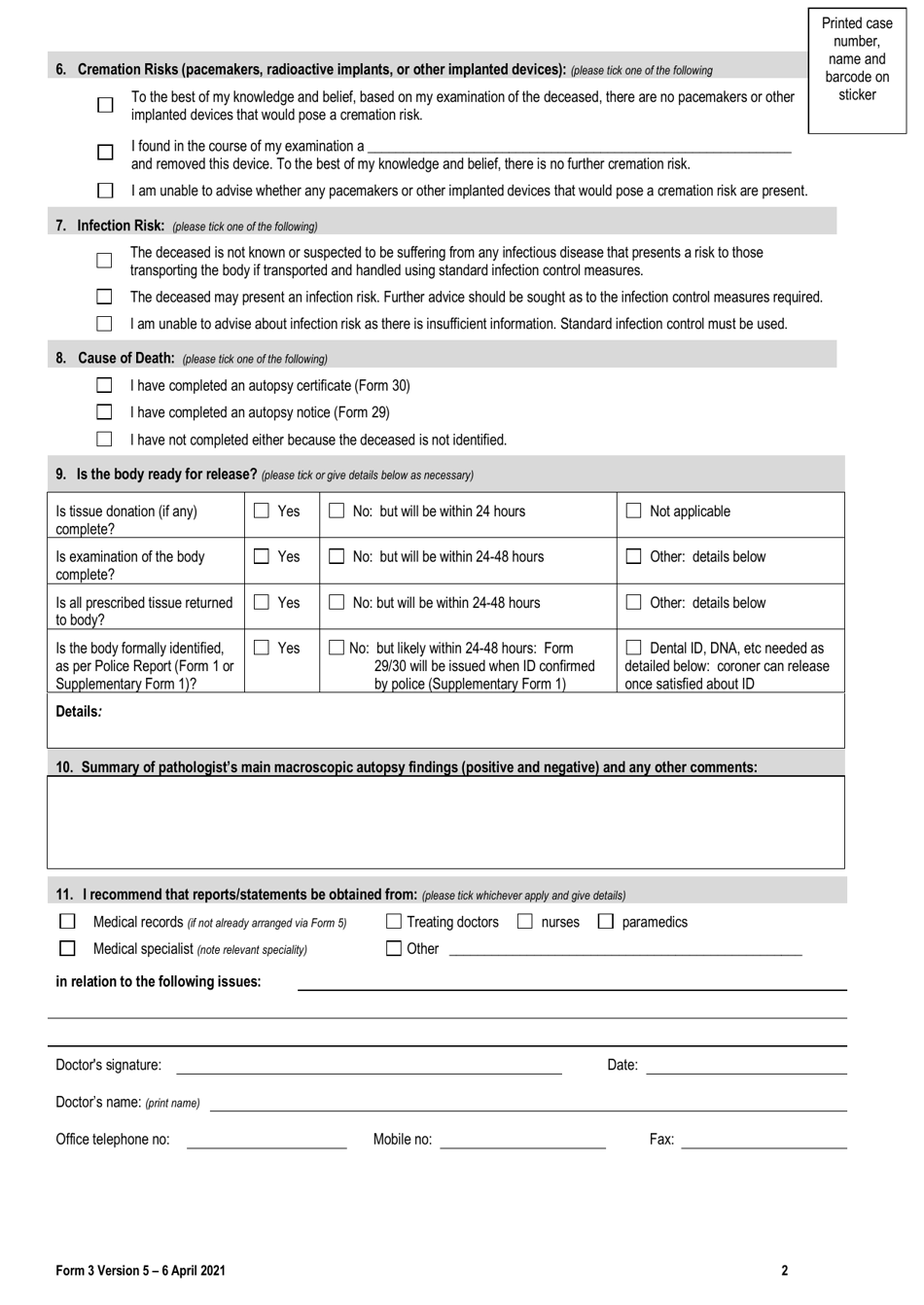 Form 3 Doctors Notice to Coroner After Autopsy - Queensland, Australia, Page 2