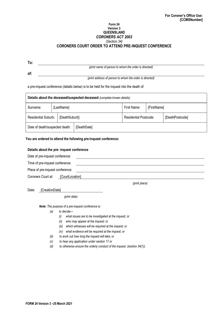 Form 24 Coroners Court Order to Attend Pre-inquest Conference - Queensland, Australia, Page 1