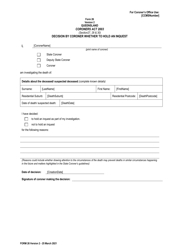 Form 26 &quot;Decision by Coroner Whether to Hold an Inquest&quot; - Queensland, Australia