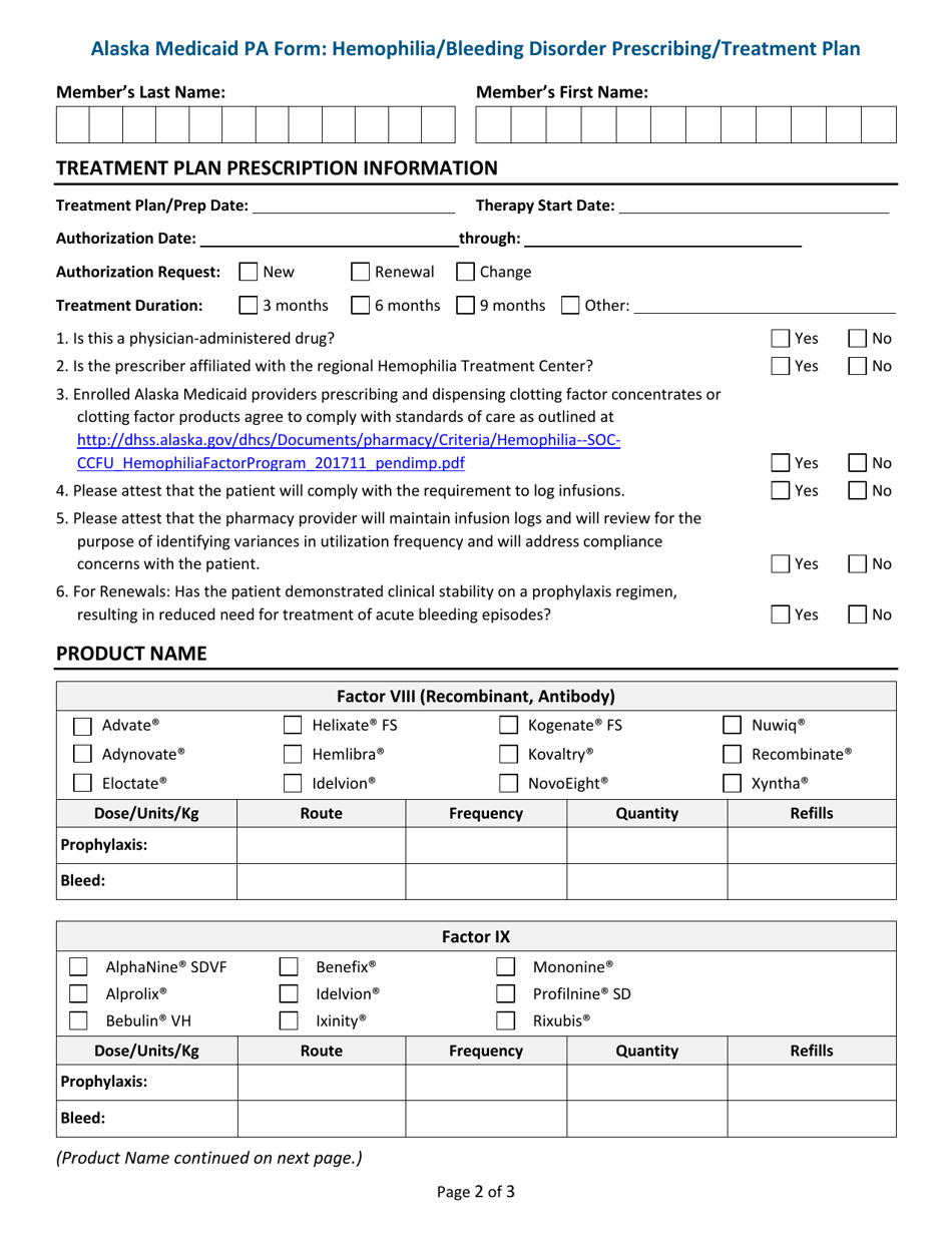 Alaska Alaska Medicaid Prior Authorization (Pa) Form - Hemophilia ...