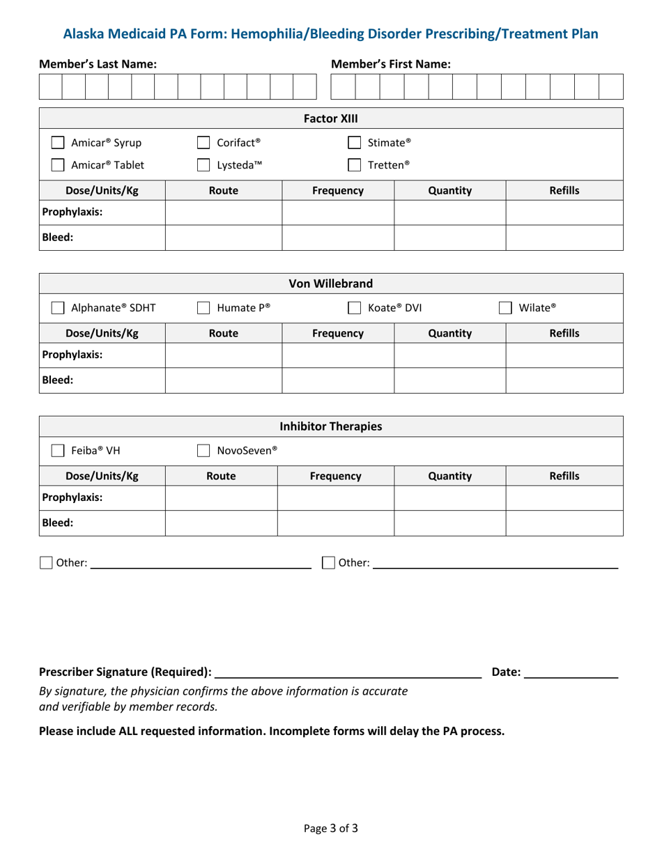 Alaska Medicaid Prior Authorization (Pa) Form - Hemophilia / Bleeding Disorder Prescribing / Treatment Plan - Alaska, Page 3