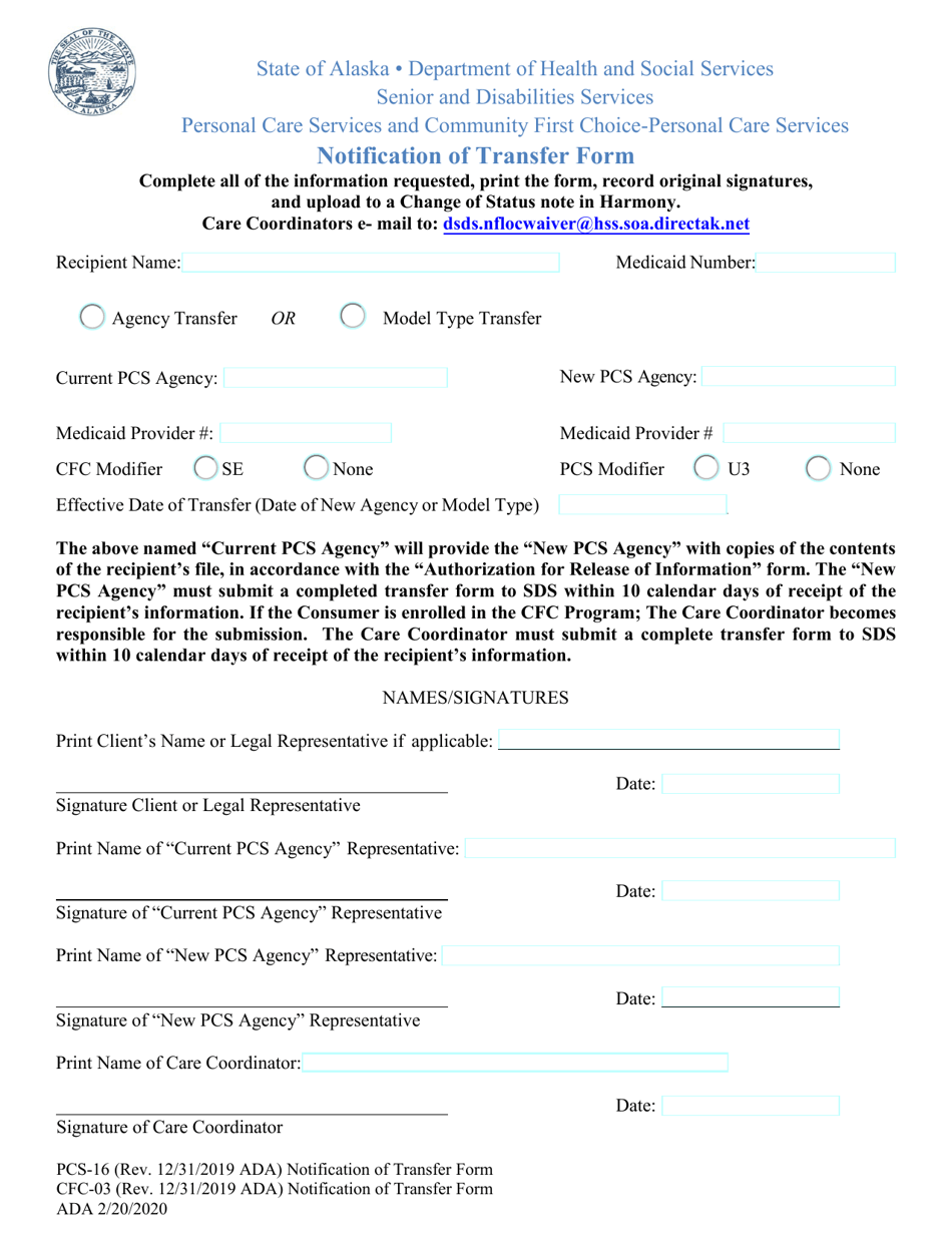 Form PCS-16 (CFC-03) Notification of Transfer Form - Alaska, Page 1