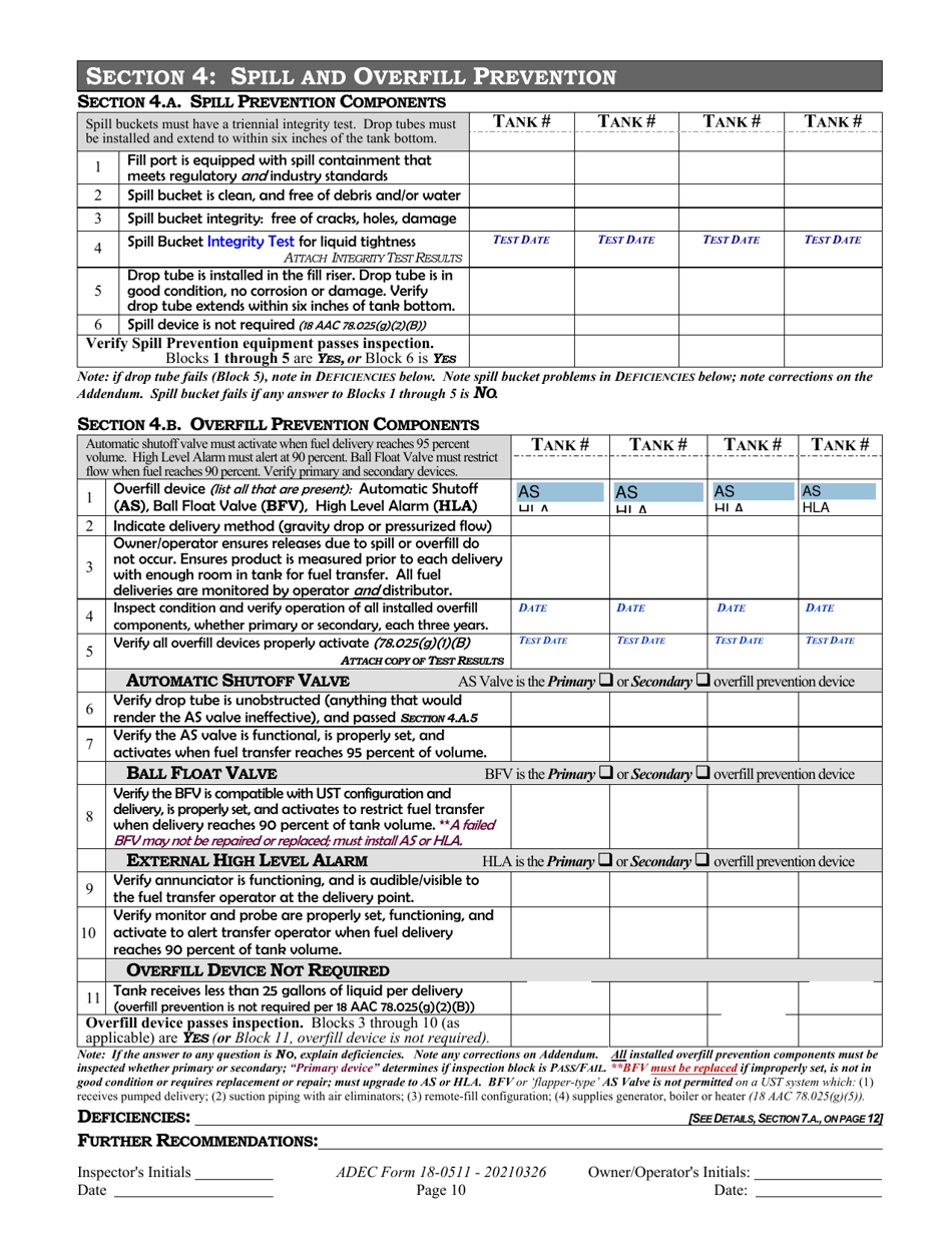 ADEC Form 18-0511 Ust Operations Inspection Report - Alaska, Page 10