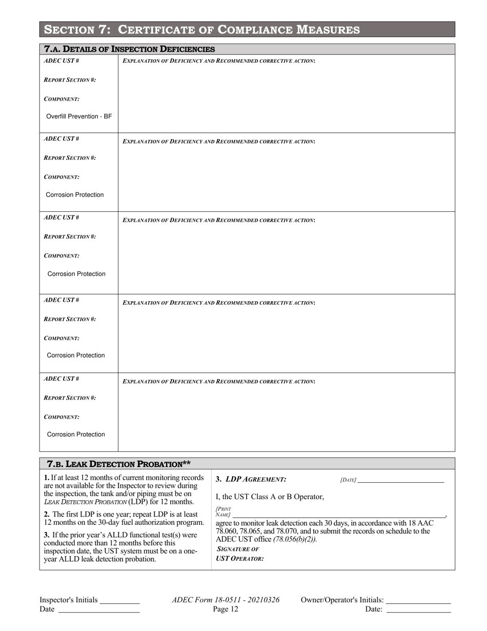 ADEC Form 18-0511 Ust Operations Inspection Report - Alaska, Page 12