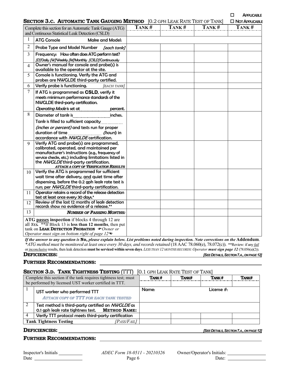 ADEC Form 18-0511 Ust Operations Inspection Report - Alaska, Page 6