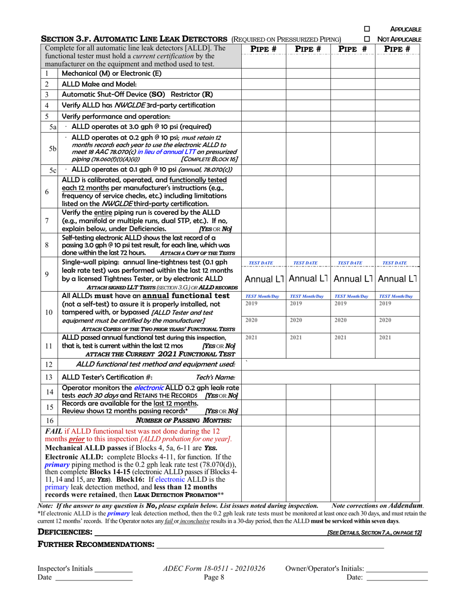 ADEC Form 18-0511 Ust Operations Inspection Report - Alaska, Page 8