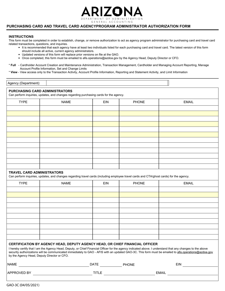 Form GAO-3C Purchasing Card and Travel Card Agencyprogram Administrator Authorization Form - Arizona, Page 1