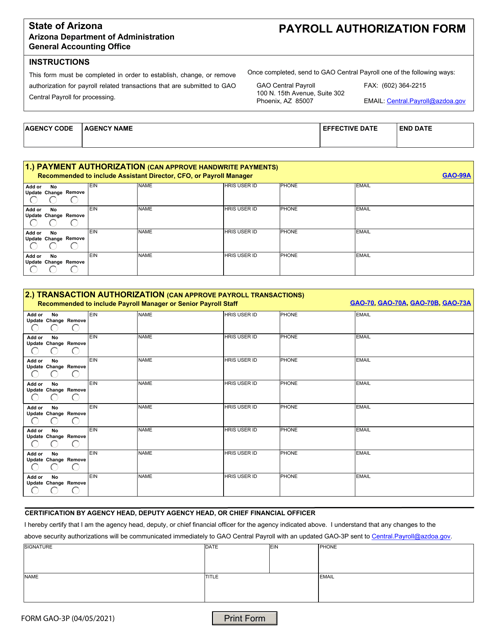 Form GAO-3P Payroll Authorization Form - Arizona