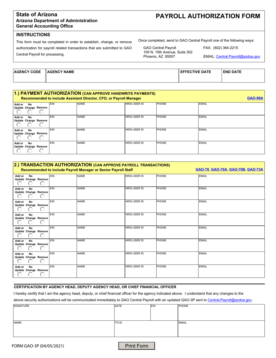 Form GAO-3P Payroll Authorization Form - Arizona, Page 1