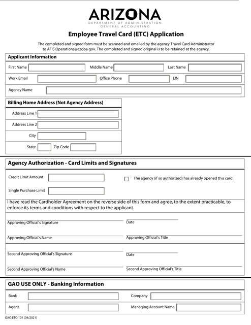 Form GAO ETC-101 Employee Travel Card (Etc) Application - Arizona