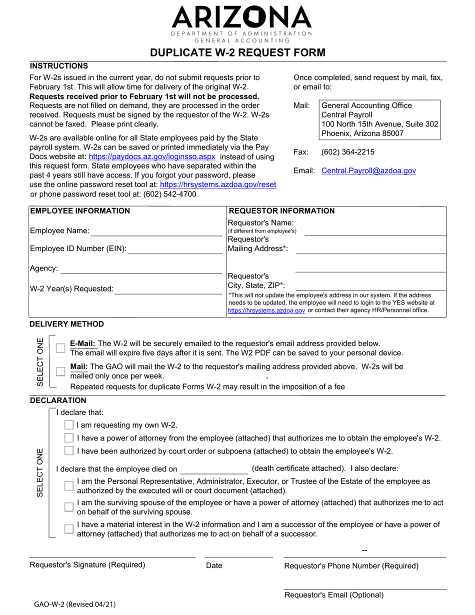 Form GAO-W-2 Duplicate W-2 Request Form - Arizona, Page 1