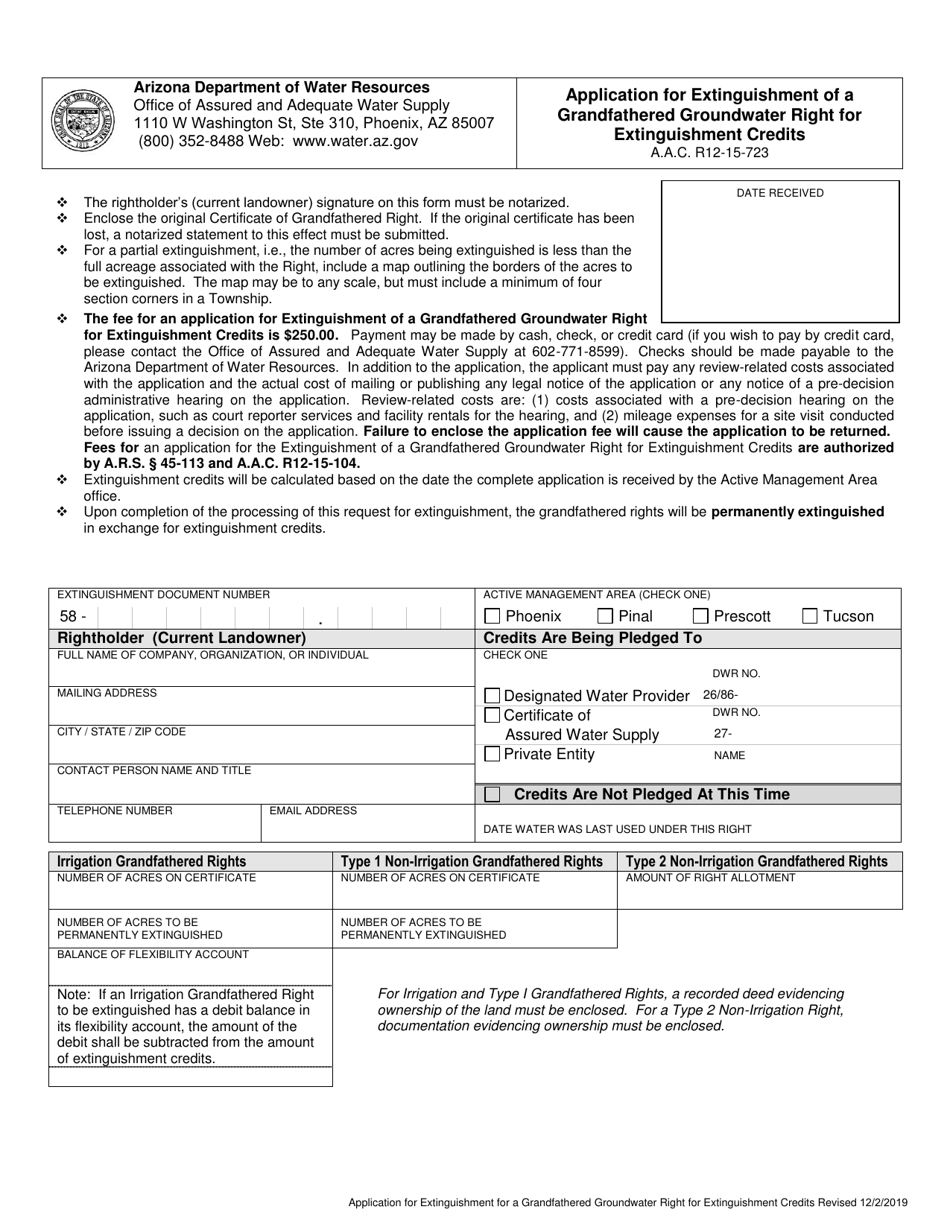 Application for Extinguishment of a Grandfathered Groundwater Right for Extinguishment Credits - Arizona, Page 1