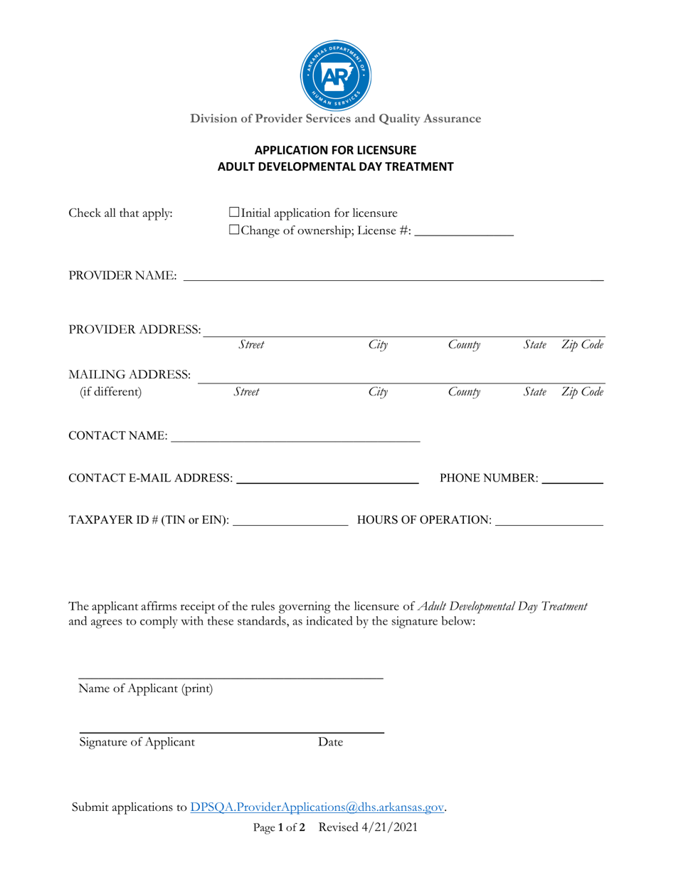 Application for Licensure Adult Developmental Day Treatment - Arkansas, Page 1