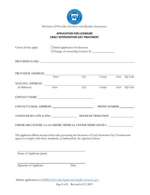 Application for Licensure Early Intervention Day Treatment - Arkansas Download Pdf