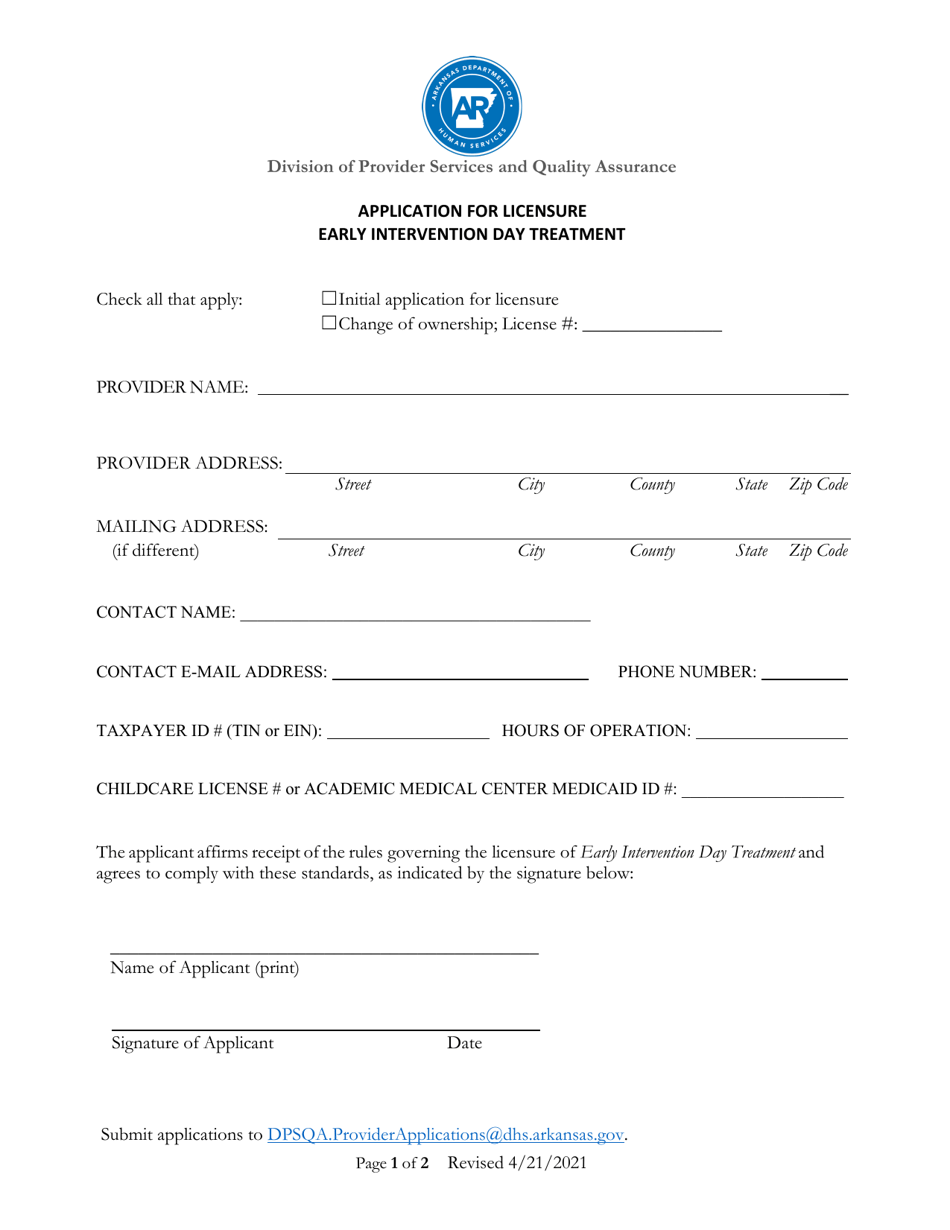 Application for Licensure Early Intervention Day Treatment - Arkansas, Page 1