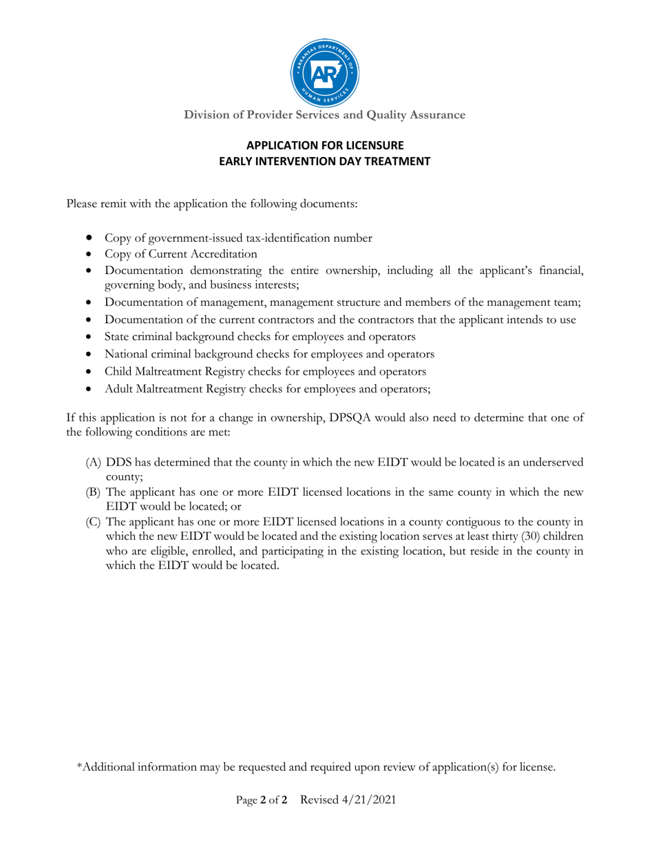 Application for Licensure Early Intervention Day Treatment - Arkansas, Page 2