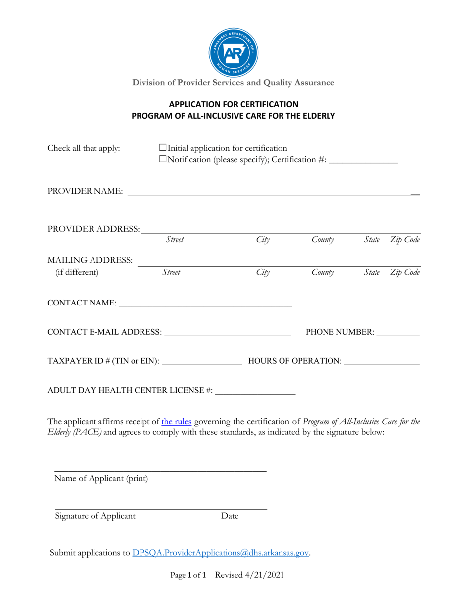 Application for Certification Program of All-inclusive Care for the Elderly - Arkansas, Page 1