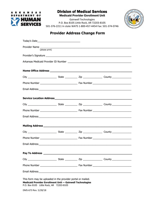 Form DMS-673 Provider Address Change Form - Arkansas