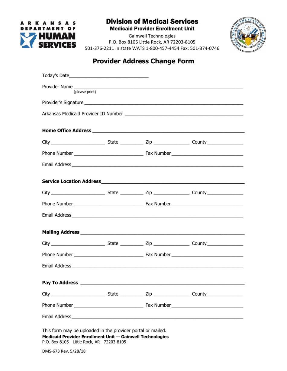 Form DMS-673 Provider Address Change Form - Arkansas, Page 1