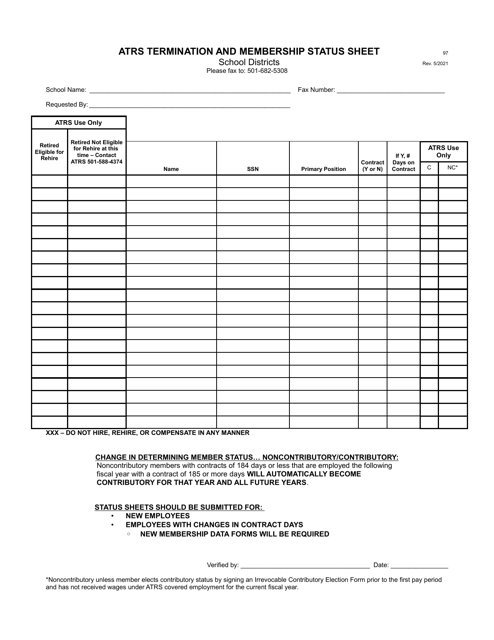 Form 97 Atrs Termination and Membership Status Sheet - School Districts - Arkansas