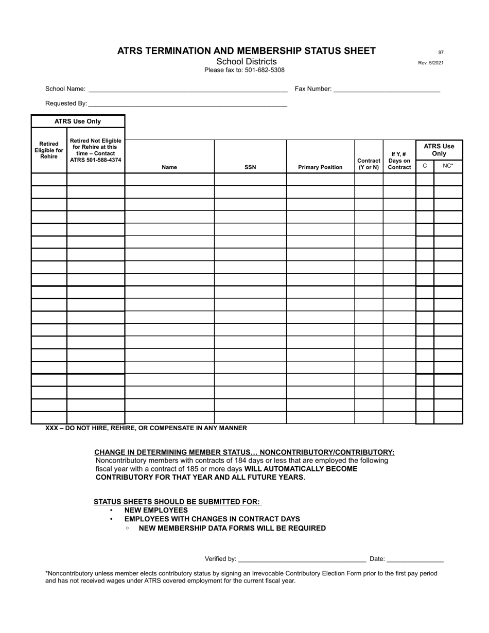 Form 97 Atrs Termination and Membership Status Sheet - School Districts - Arkansas, Page 1
