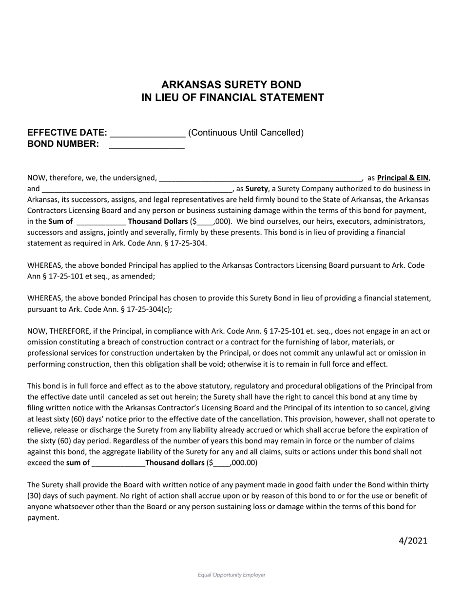 Arkansas Surety Bond in Lieu of Financial Statement - Arkansas, Page 2