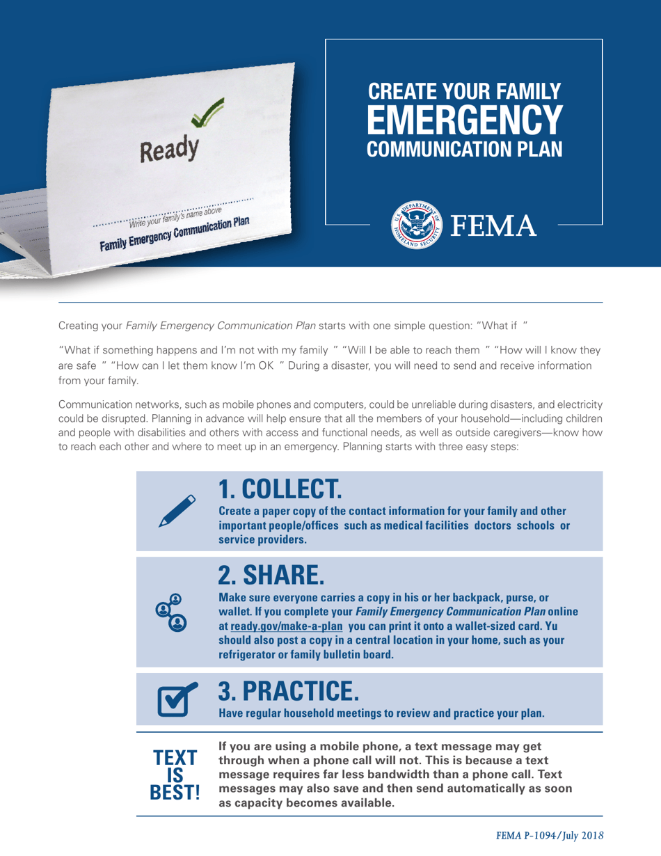 FEMA Form P-1094 Create Your Family Emergency Communication Plan, Page 1