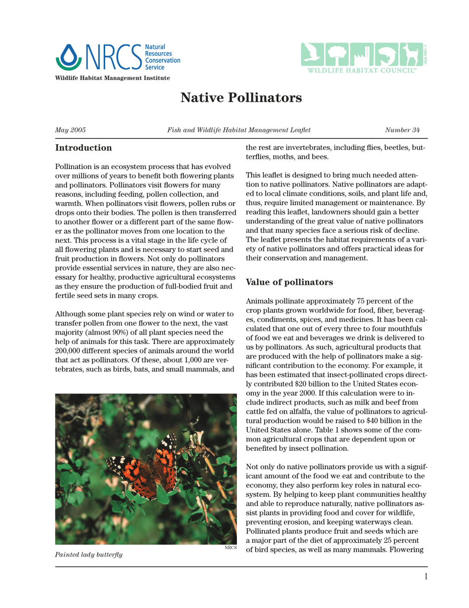 Fish and Wildlife Habitat Management Leaflet Number 34: Native Pollinators, Page 1