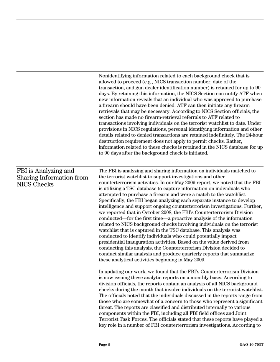 Form GAO-10-703T Terrorist Watchlist Screening: Fbi Has Enhanced Its Use of Information From Firearm and Explosives Background Checks to Support Counterterrorism Efforts, Page 11