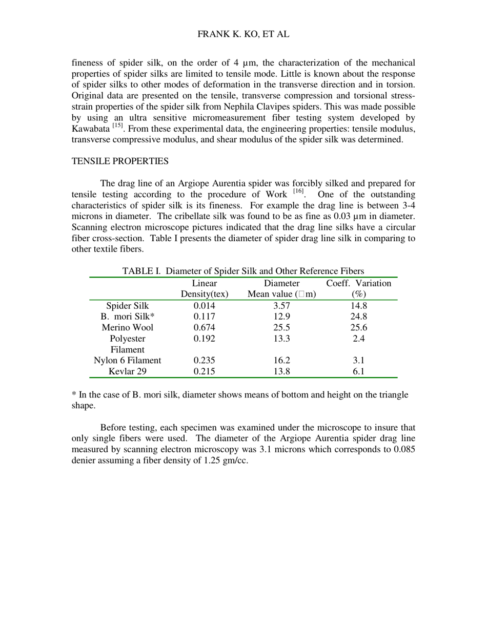 Engineering Properties of Spider Silk - Frank K. Ko, Sueo Kawabata, Mari Inoue, Masako Niwa, Stephen Fossey and John W. Song, Page 2