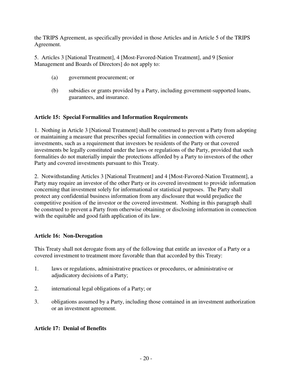 U.S. Model Bilateral Investment Treaty, Page 20