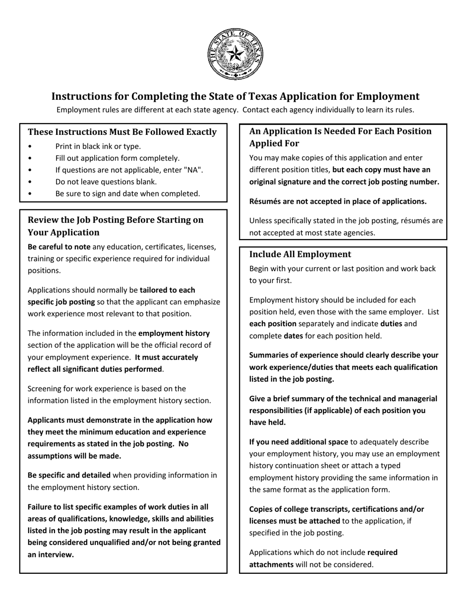 Instructions for The State of Texas Application for Employment - Texas, Page 1