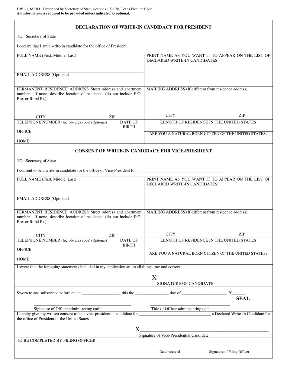 Form DW1-1 Declaration of Write-In Candidacy for President - Texas (English / Spanish), Page 1