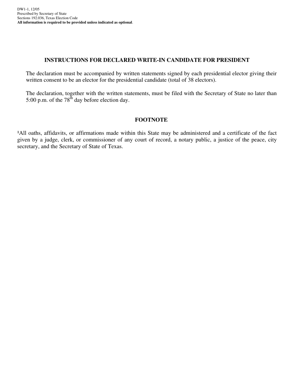 Form DW1-1 Declaration of Write-In Candidacy for President - Texas (English / Spanish), Page 2