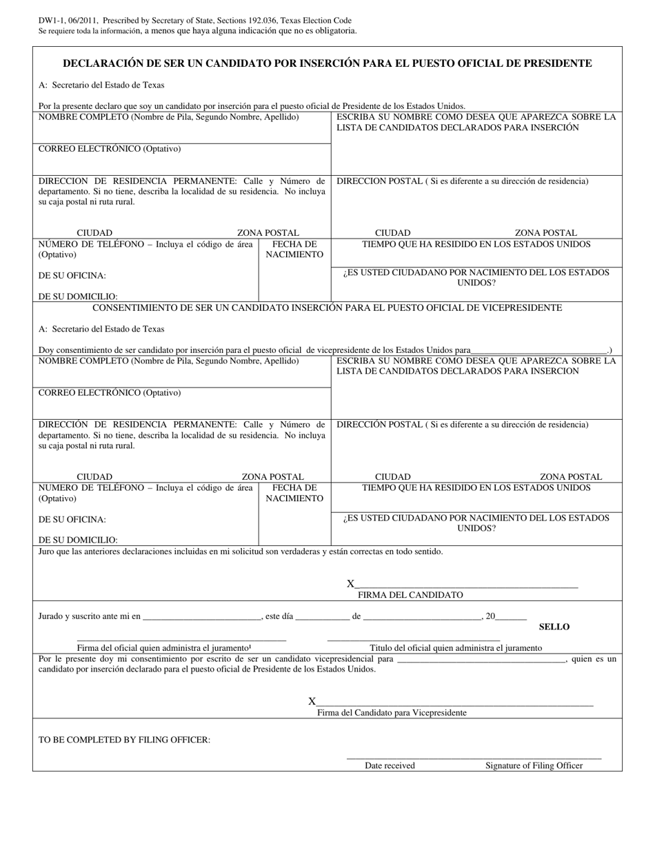 Form DW1-1 Declaration of Write-In Candidacy for President - Texas (English / Spanish), Page 3