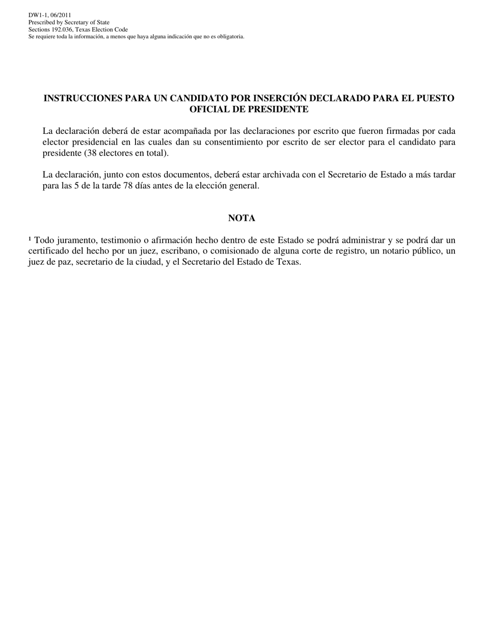 Form DW1-1 Declaration of Write-In Candidacy for President - Texas (English / Spanish), Page 4