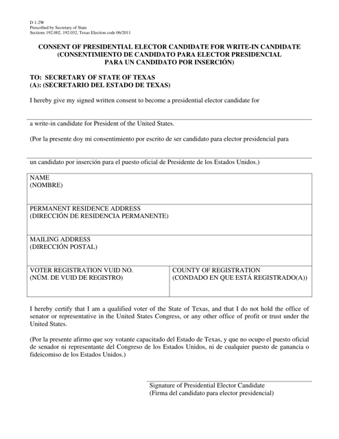 Form D1-2W Consent of Presidential Elector Candidate for Write-In Candidate - Texas (English/Spanish)