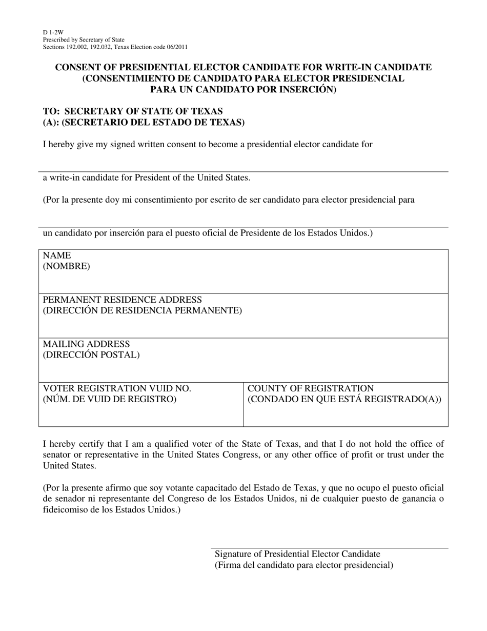 Form D1-2W Consent of Presidential Elector Candidate for Write-In Candidate - Texas (English / Spanish), Page 1