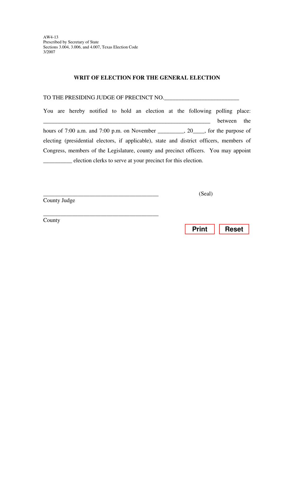 Form AW4-13 Writ of Election for the General Election - Texas, Page 1