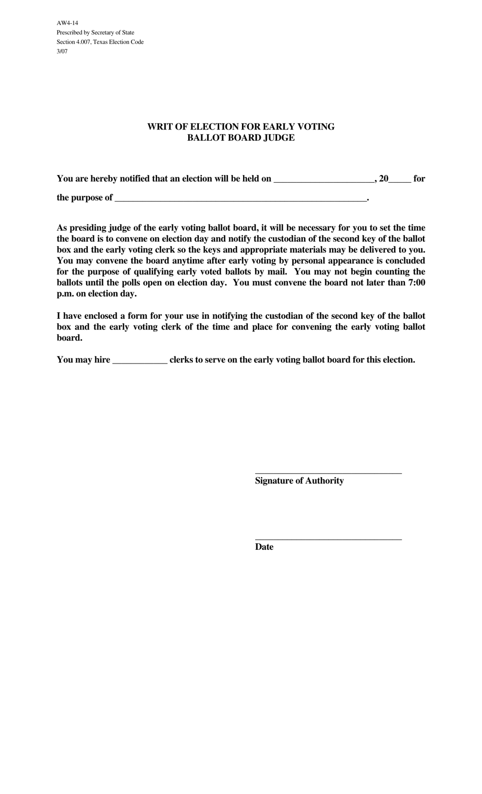 Form AW4-14 Writ of Election for Early Voting Ballot Board Judge - Texas, Page 1