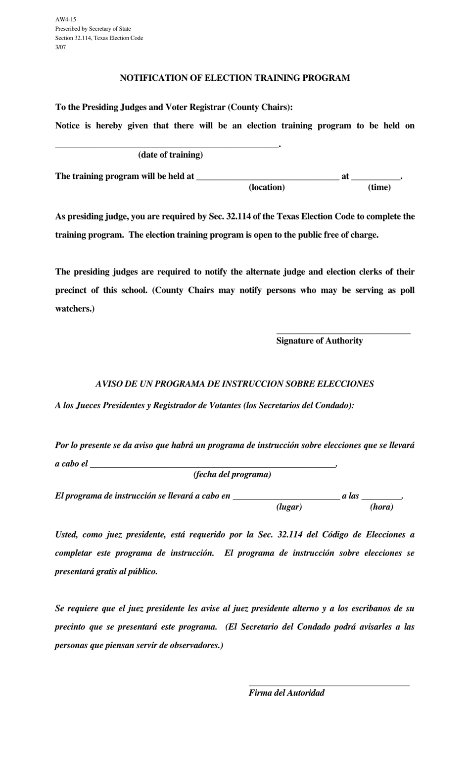Form AW4-15 Notification of Election Training Program - Texas (English / Spanish), Page 1