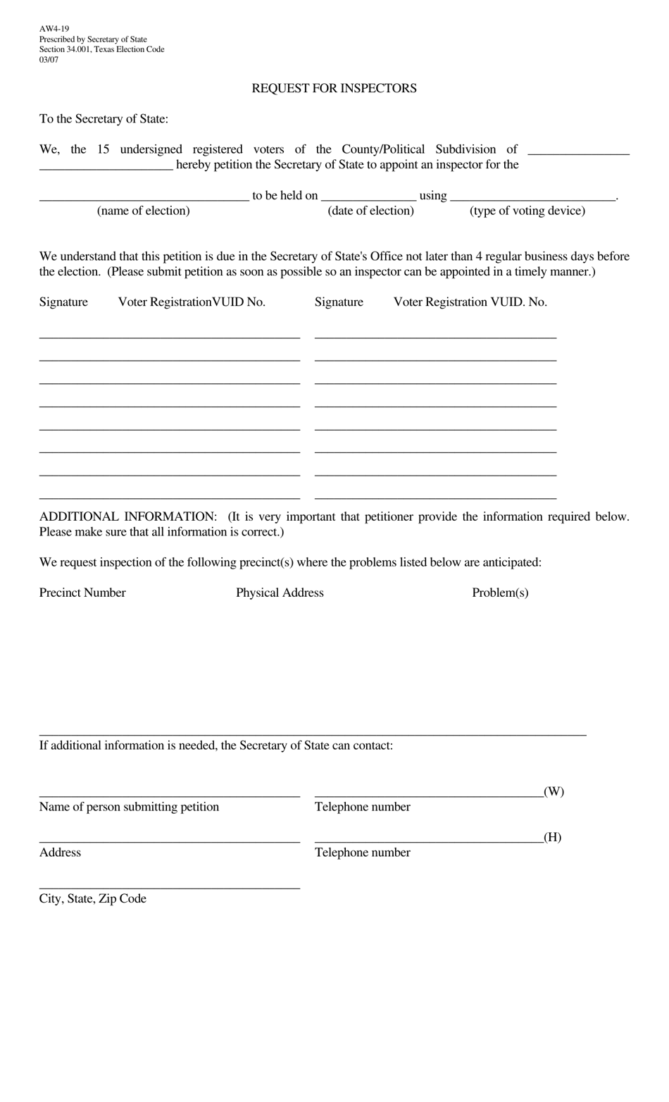 Form AW4-19 Request for Inspectors - Texas (English / Spanish), Page 1