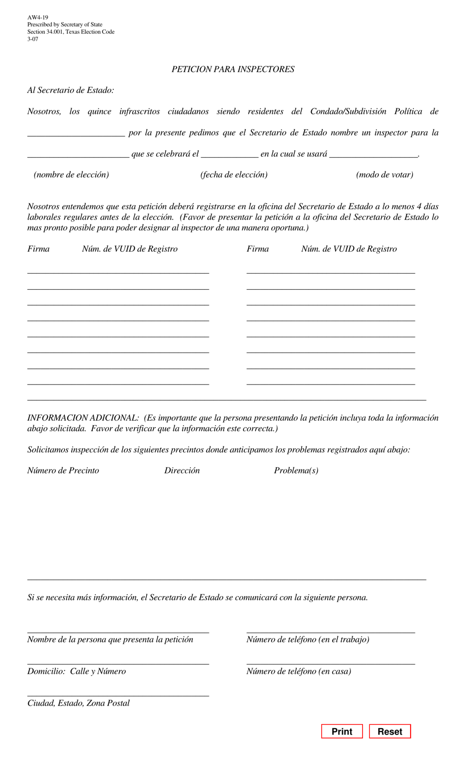 Form AW4-19 Request for Inspectors - Texas (English / Spanish), Page 2