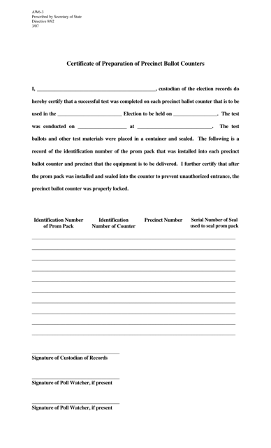 Form AW6-3 Certificate of Preparation of Precinct Ballot Counters - Texas