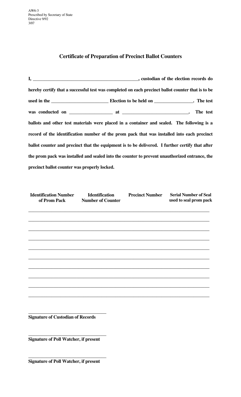 Form AW6-3 Certificate of Preparation of Precinct Ballot Counters - Texas, Page 1