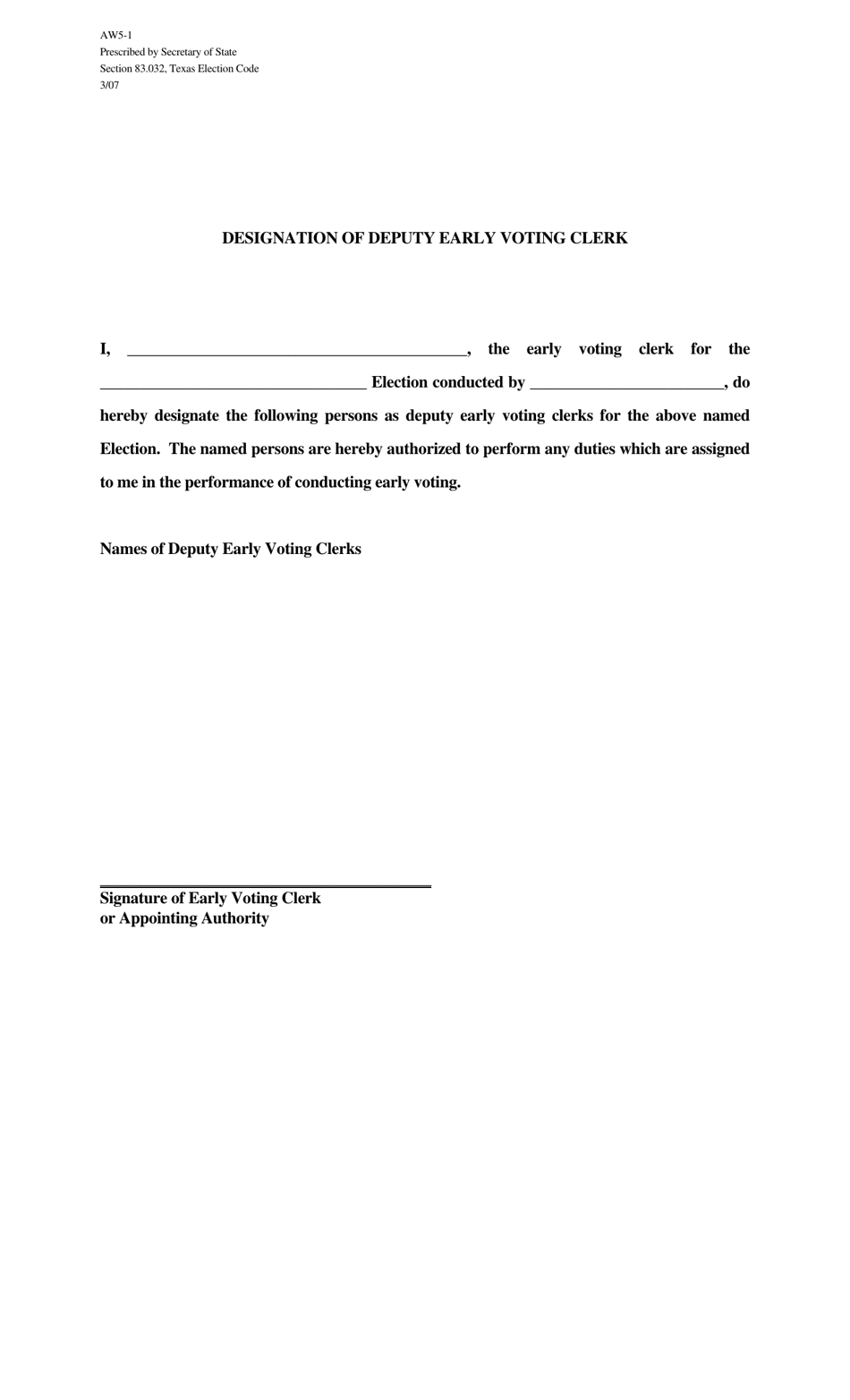 Form AW5-1 Designation of Deputy Early Voting Clerk - Texas, Page 1