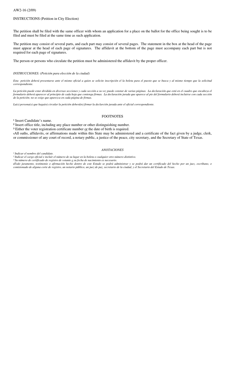 Form AW2-16 Petition for a Place on the City General Election Ballot - Texas (English / Spanish), Page 2